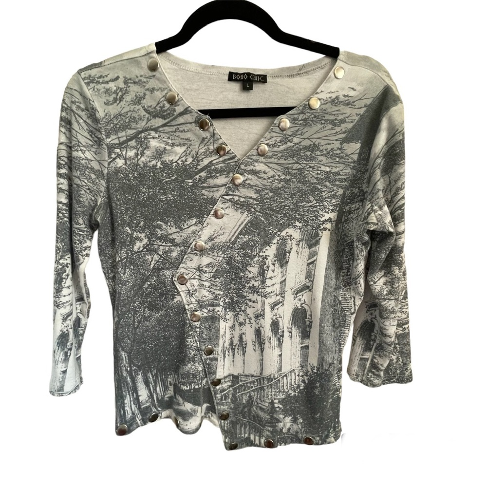 Boho Chic Top with Metal Embellishments, 3/4 Sleeve Top - L